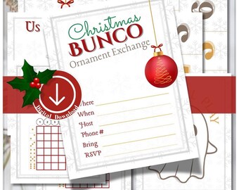 May include: A printable Christmas Bunco Ornament Exchange invitation card featuring red and green text, a red ornament graphic, and blank lines for event details including Where, When, Host, Phone, Bring, and RSVP, with a digital download icon.