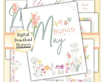 Bunco de mayo, tarjeta de puntuación de bunco, hoja de puntuación de bunco, bunco digital, descarga de bunco, bunco imprimible, temas de bunco, fiesta de bunco, bunco floral