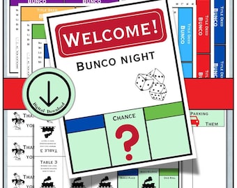 May include: A digital download game set for Bunco Night. The game includes title deeds, table cards, and a welcome sign. The welcome sign is red with white text and dice illustrations. The game also includes a digital download icon.