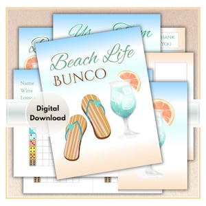 May include: A digital download set of Bunco game scorecards featuring a beach theme. The cards display the text Beach Life BUNCO, illustrations of striped flip-flops, and a blue cocktail with a grapefruit slice. Includes a grid for tracking wins.