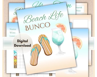 summer bunco, beach bunco, bunco score card, bunco score sheet, bunco digital, bunco download, printable bunco, bunco theme, flip flop bunco
