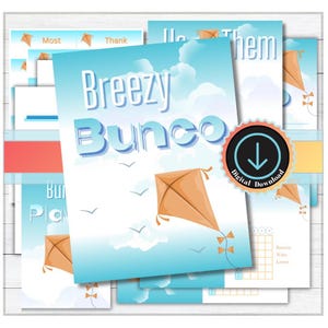May include: A set of printable game score sheets featuring a light blue sky background with white clouds, orange kites, and birds. The text reads Breezy Bunco, Us, Them, and Digital Download. The sheets include grids for tracking Bunco, Wins, and Losses.