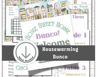 May include: A set of printable Bunco game cards featuring watercolor illustrations of houses, the text Home Sweet Home Bunco, and various game tracking sections including Name, Wins, Losses, Buncos, Table 1, Table 3, and a Digital Download icon.