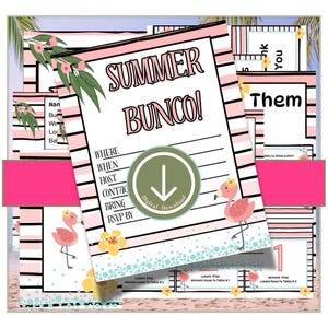 Summer bunco, bunco score card, bunco score sheet, bunco digital, bunco download, printable bunco, bunco themes, tropical flamingo bunco