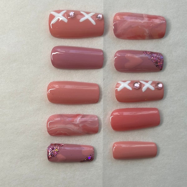 Valentine Press On Nails- Exes and Ohs - Purple, Pink & White Press On Nails, Valentines Cute, Fake Nails, Glue on Nails, Gel Nail Art