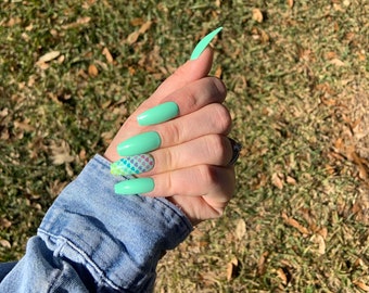 Green Heart Nails Etsy