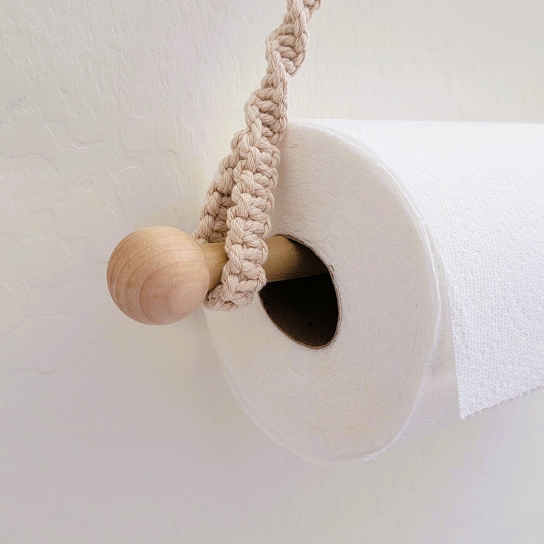Macrame hanging paper towel holder for kitchen or bathroom