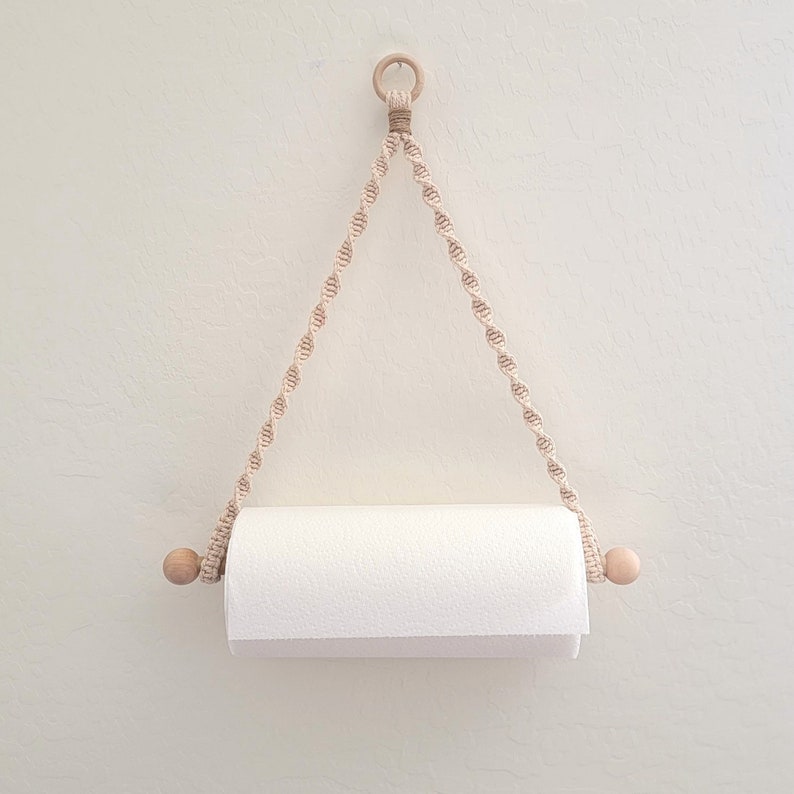 Macrame hanging paper towel holder for kitchen or bathroom