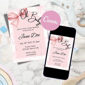 Editable Baby Girl Shower Invitation Template | Pink Bow Oh Baby Invite | Digital Canva Download | Instant DIY Girl Baby Shower