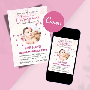 Bearbeitbare Pink Crosses Taufeinladung | Mädchen Taufe Einladung Vorlage | Digitale Canva Vorlage | Canva Bearbeitbar | Sofort Download