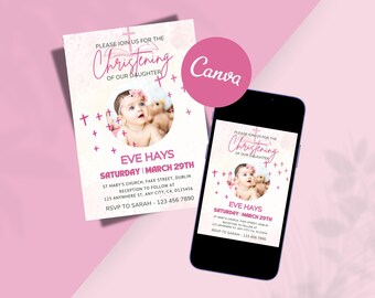 Plantilla editable de invitación de bautizo con cruces rosas/Invitación de bautizo de niña/Plantilla digital Canva/Canva editable/Descarga instantánea