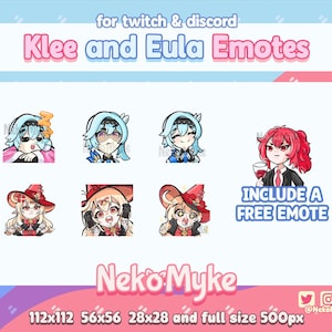Puede incluir: Gráfico de arte digital con emotes de Klee y Eula, que expresan diversas emociones. Se incluye el texto "for twitch & discord" y "INCLUDE A FREE EMOTE". También se muestra el nombre del artista, "Neko Myke".