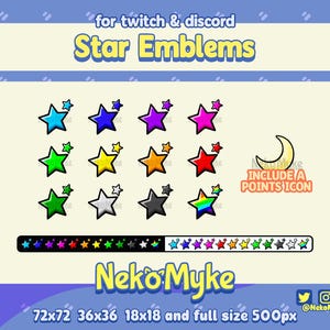 May include: A digital graphic featuring colorful star emblems for Twitch and Discord. The design includes various star icons in different colors, a moon icon, and the text "Star Emblems" and "Neko Myke".