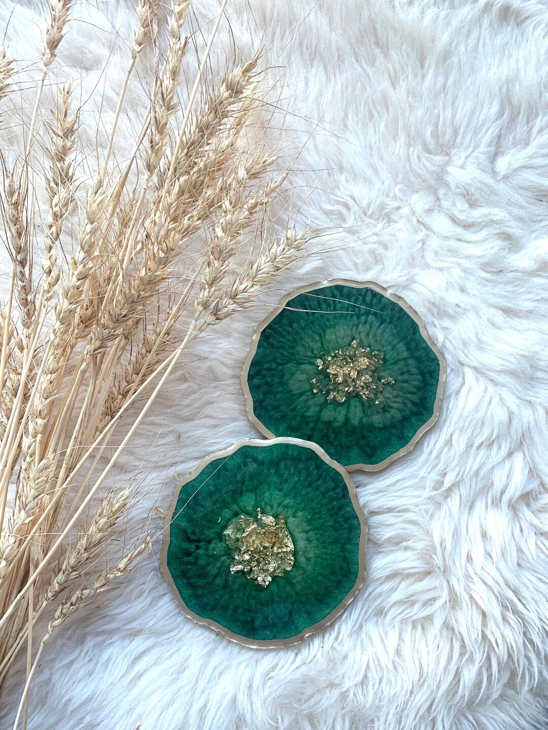 Green Coaster Set Round/geode Coasters Home Decor Etsy