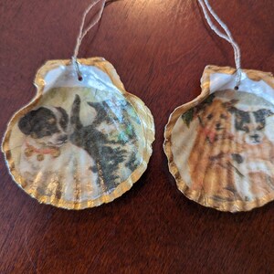 May include: Two seashell ornaments with gold trim, each featuring a vintage image of two dogs. One ornament has a black and white dog and a tabby cat, while the other has two brown and white dogs.
