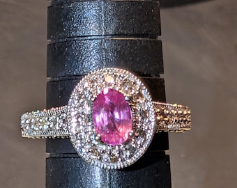 Vintage Pink Sapphire, White and Yellow Diamond 14k White Gold Ladies Ring Size 6.5