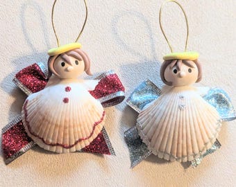 Scallop Shell Angel Ornaments, Set of Two (Red/blue set)