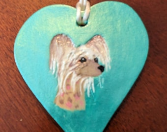 Chinese Crested Hairless Handmade Clay Heart Ornament
