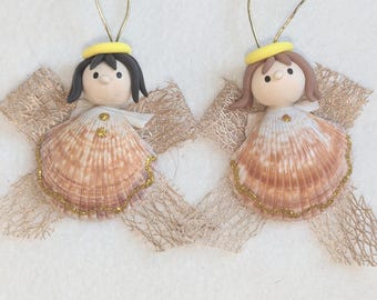 Scallop Shell Angel Ornaments, Set of Two