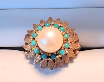 Vintage 14k Yellow Gold Saltwater Pearl and Turquoise Ring Size 4.5