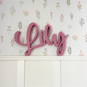 May include: Pink wooden letters spelling out the name "Lily" against a white background with a floral pattern.