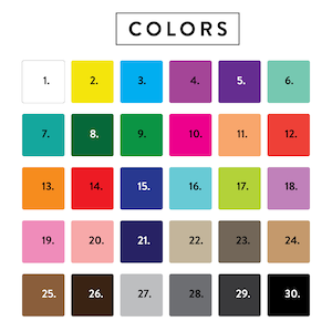 May include: A chart with 30 color swatches labeled with numbers 1 through 30. The colors range from bright yellow to dark black.