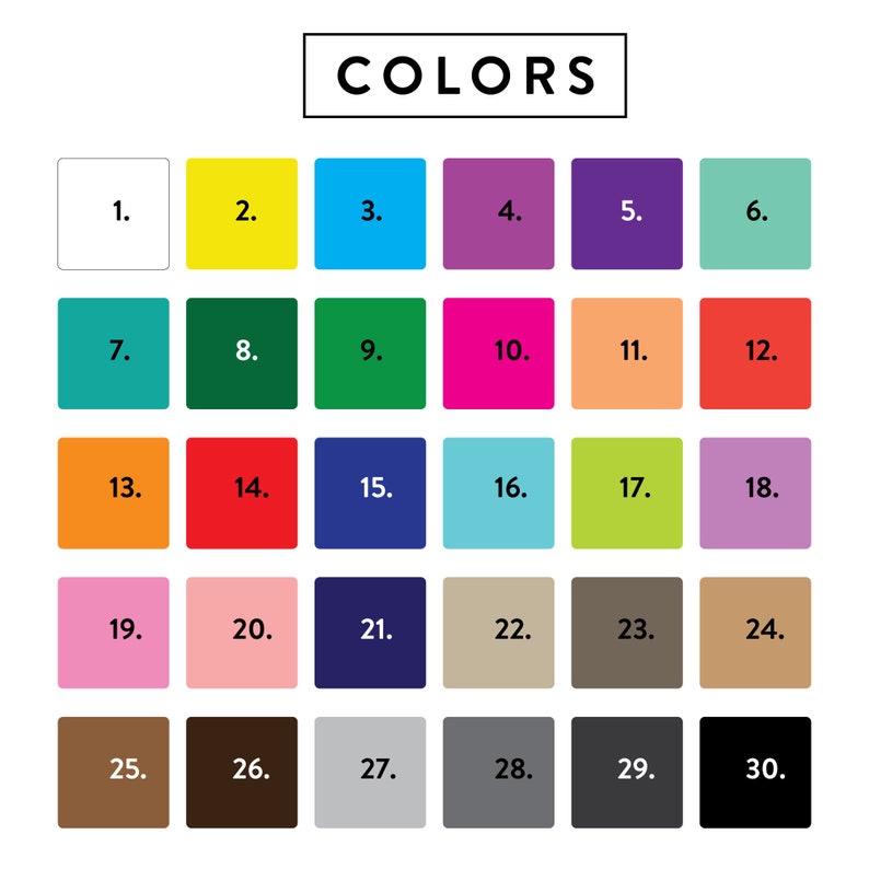 May include: A chart with 30 color swatches labeled with numbers 1 through 30. The colors range from bright yellow to dark black.