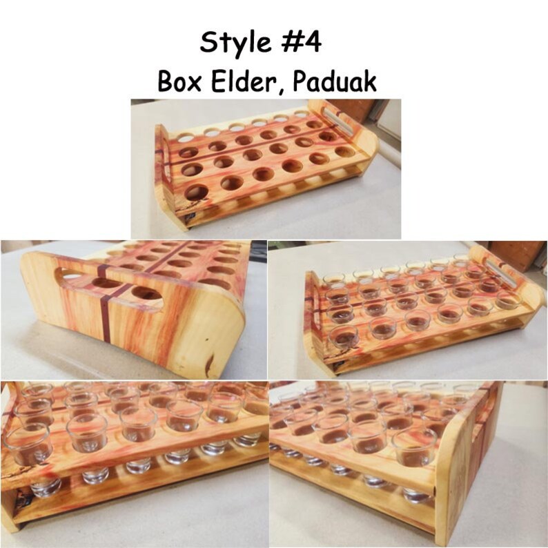 May include: A wooden shot glass holder with two tiers, made from Box Elder and Paduak wood. The holder has a handle on one side and is filled with clear shot glasses.