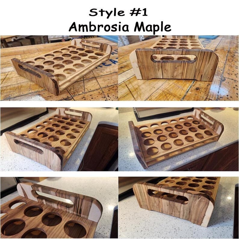 May include: A wooden tray with 24 round holes, perfect for holding shot glasses. The tray has two handles and is made of Ambrosia Maple wood. The tray is shown in four different angles.