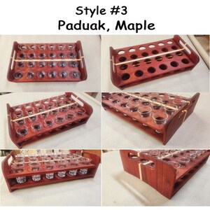 May include: A wooden shot glass tray with two levels, made of paduak and maple wood. The tray has a capacity of 24 shot glasses and features a gold-colored divider. Style #3.