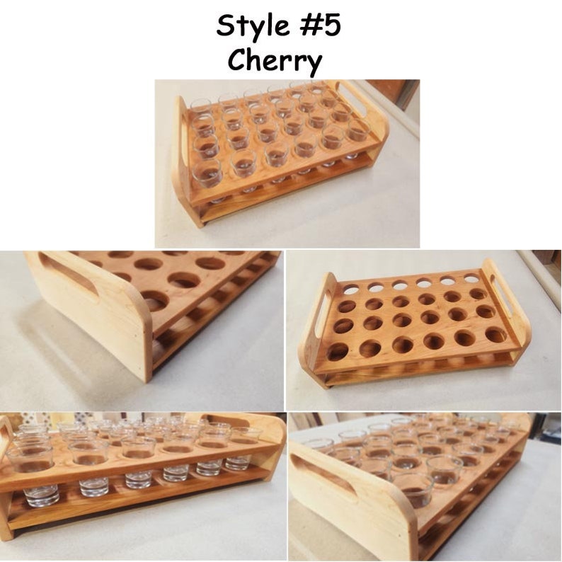 May include: A wooden shot glass holder with 24 slots, made of cherry wood. The holder has two handles and is ideal for serving shots of liquor.