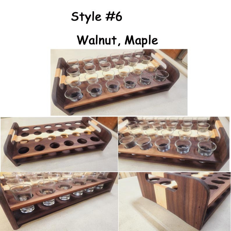 May include: A wooden shot glass holder with two handles. The holder is made of walnut and maple wood and has a light wood inlay. The holder has 24 shot glass slots. Style #6 Walnut, Maple.