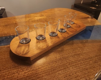Handmade Wood Shot Glass Flight Board, Party Tray, Includes Glasses