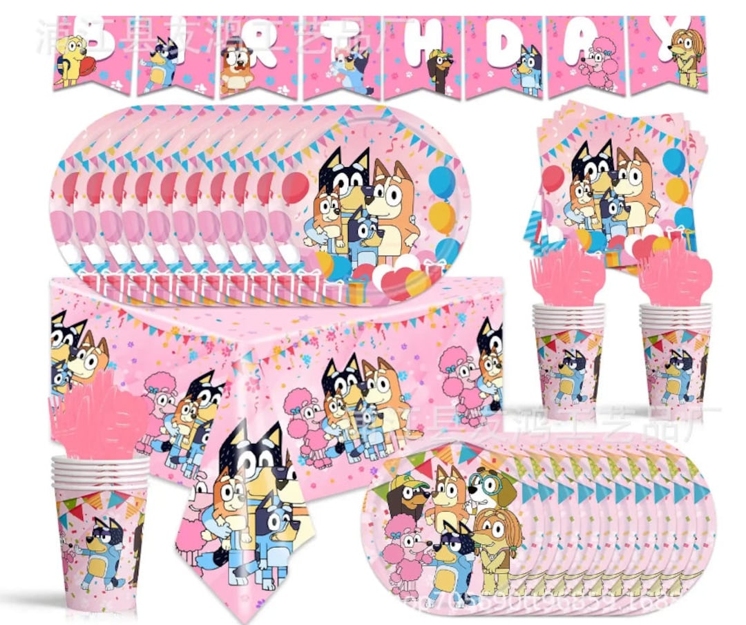Pink Bluey Birthday Party Decoration Theme Paper Plate Cup Tissue ...