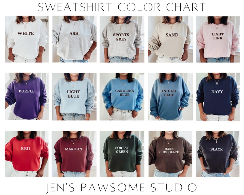 Pu&ograve; includere: Tabella colori che mostra 15 diversi colori di felpe. I colori sono: bianco, cenere, grigio sportivo, sabbia, rosa chiaro, viola, azzurro, blu Carolina, blu indaco, blu navy, rosso, bordeaux, verde bosco, cioccolato fondente e nero.