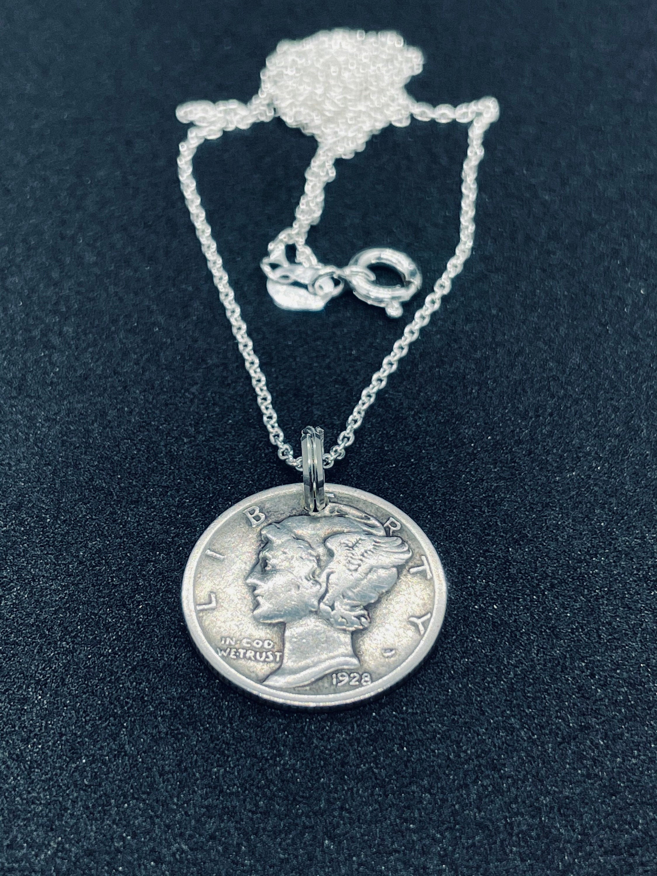 Lucky Silver Leap Year 1928 Mercury Dime Necklace sterling Silver