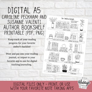 Puede incluir: Una estantería de libros imprimible en blanco y negro con el título "The Twisted Sisters" y una lista de libros de Caroline Peckham y Susanne Valenti. La estantería está decorada con plantas en macetas. El texto "Digital Files Only - Print, or Use With Your Favorite Note Taking Apps" está en la parte inferior de la imagen.