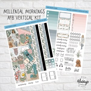 May include: A vertical planner sticker kit with a millennial aesthetic. The kit includes stickers with floral patterns, illustrations of plants, books, and a dog, and text such as "currently reading", "new release", and "to do".