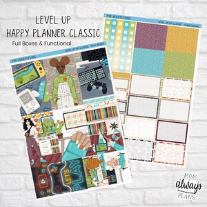 May include: A set of colorful planner stickers featuring a gamer theme. The stickers include a woman playing video games, a game controller, a bookshelf, and a neon sign that says "Let's Play".