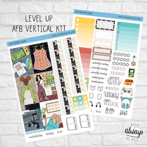 May include: A set of colorful planner stickers with a video game theme. The stickers feature illustrations of video game controllers, characters, and other gaming-related imagery. The stickers are designed for use in a vertical planner or journal.