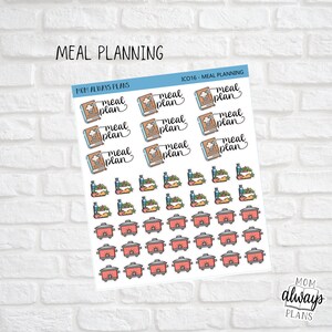 May include: A set of 30 colorful stickers for meal planning. The stickers feature images of cookbooks, bowls of food, and slow cookers. The text "MOM ALWAYS PLANS" and "ICO16 - MEAL PLANNING" are also included.