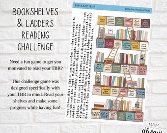 May include: A colorful printable game board with a bookshelf and ladder theme. The game is designed to help people read their "to be read" list. The board includes prompts like "new author with me in a series" and "roll for a shelf & book".