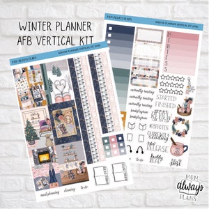 May include: A winter-themed planner sticker kit with a blue and pink color scheme. The kit includes stickers with illustrations of a fireplace, a cozy living room, a book, and a mug. The text "MOM ALWAYS PLANS" is featured on the stickers.