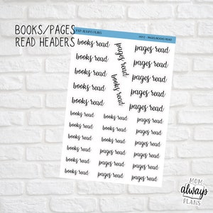 Könnte beinhalten: Ein Blatt weißes Aufkleberpapier mit schwarzem Text, der "BOOKS/PAGES READ HEADERS" und "H012 - PAGES/BOOKS READ" lautet. Die Aufkleber sind in zwei Spalten angeordnet und zeigen den Text "books read" und "pages read", der mehrmals wiederholt wird.