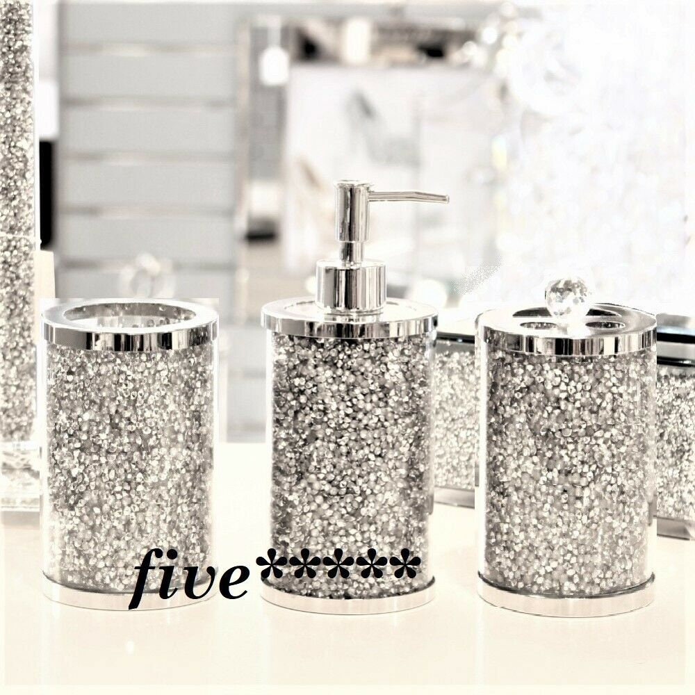 Bathroom set of 3 crushed diamond crystal filled silver bling Etsy