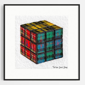 Schottischer Tartan Rubik es Cube Print | Schottland Digital Art Ölgemälde | Geschenkidee für neues Zuhause | Quadratische zeitgenössische Wandkunst | Schrulligen