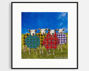 Estampado de ovejas escocesas de tartán: arte peculiar de Escocia (8x8)
