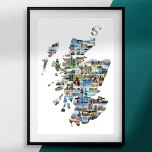 Stampa di foto della mappa della Scozia / Arte del paesaggio e della fauna selvatica scozzese / Compleanno, Regalo di Natale / Glasgow, Edimburgo, Dundee, Aberdeen, Inverness