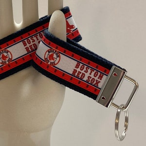 Key Fob Wristlet Keychain Keyring made with Red Sox-inspired ribbon on navy webbing