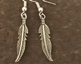 Silver feather earrings, 925 silver ear wires